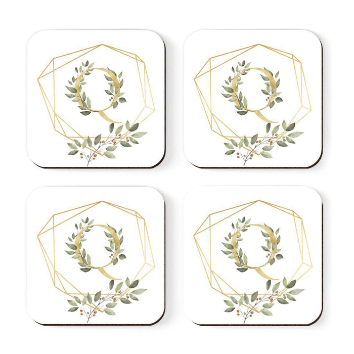 Square Coffee Drink Monogram Coasters Gift Set, Greenery Gold Geometric Frame-Set of 4-Andaz Press-A-