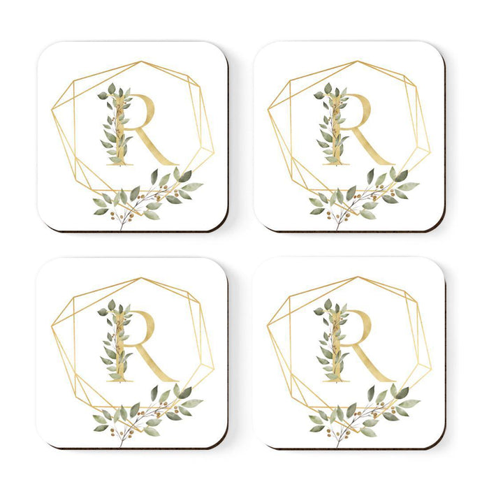 Square Coffee Drink Monogram Coasters Gift Set, Greenery Gold Geometric Frame-Set of 4-Andaz Press-A-