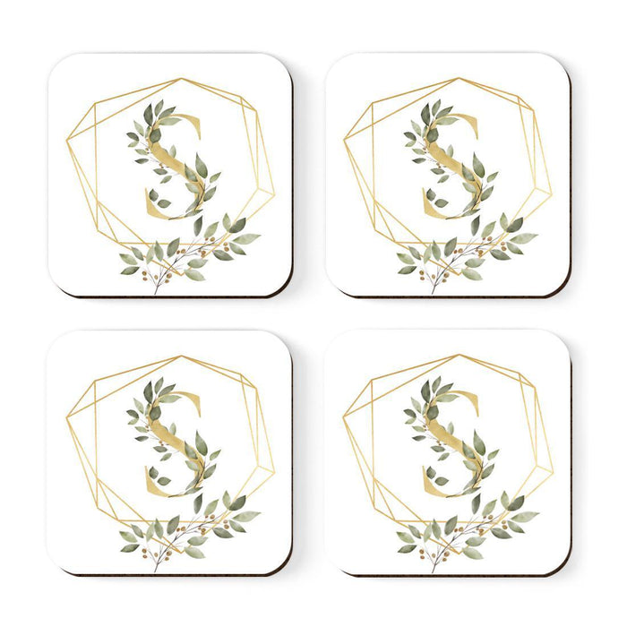 Square Coffee Drink Monogram Coasters Gift Set, Greenery Gold Geometric Frame-Set of 4-Andaz Press-A-