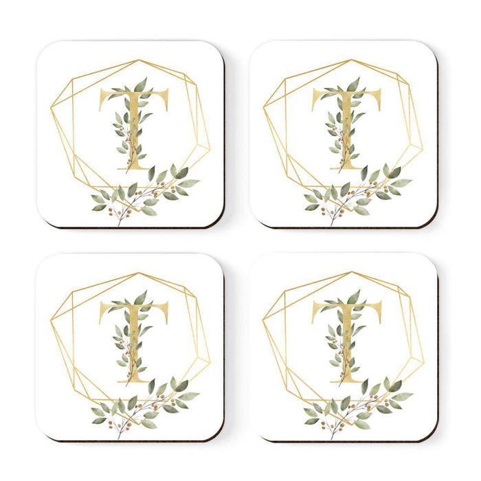 Square Coffee Drink Monogram Coasters Gift Set, Greenery Gold Geometric Frame-Set of 4-Andaz Press-A-