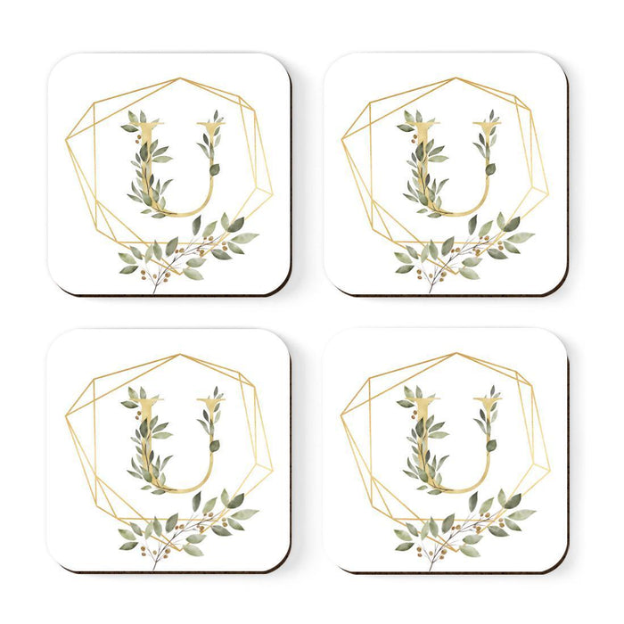 Square Coffee Drink Monogram Coasters Gift Set, Greenery Gold Geometric Frame-Set of 4-Andaz Press-A-