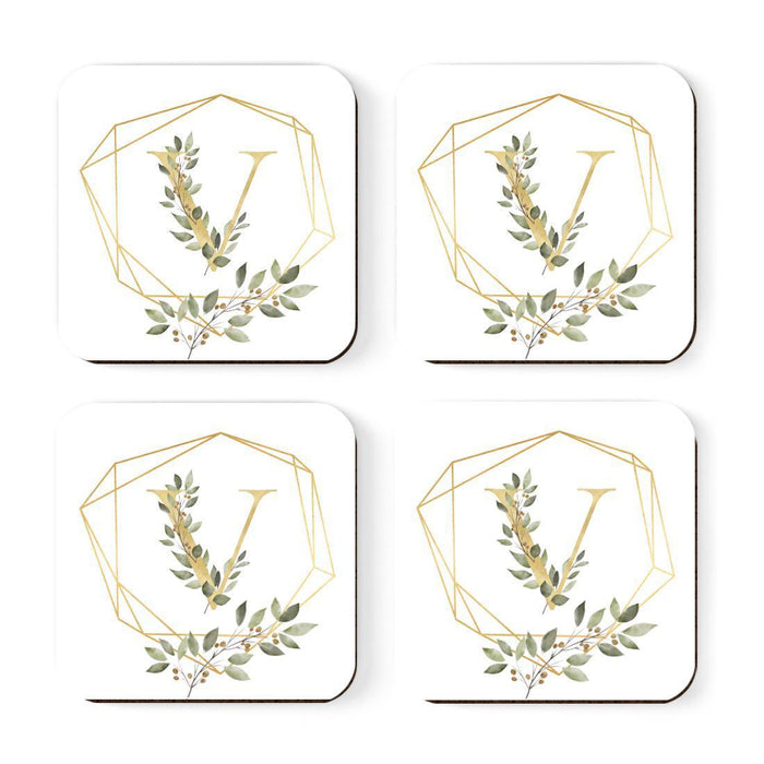 Square Coffee Drink Monogram Coasters Gift Set, Greenery Gold Geometric Frame-Set of 4-Andaz Press-A-