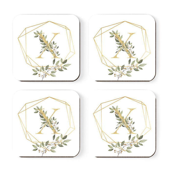 Square Coffee Drink Monogram Coasters Gift Set, Greenery Gold Geometric Frame-Set of 4-Andaz Press-A-