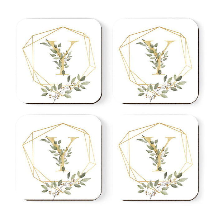 Square Coffee Drink Monogram Coasters Gift Set, Greenery Gold Geometric Frame-Set of 4-Andaz Press-A-