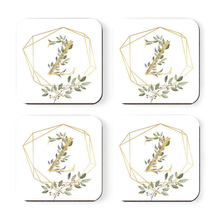 Square Coffee Drink Monogram Coasters Gift Set, Greenery Gold Geometric Frame-Set of 4-Andaz Press-A-