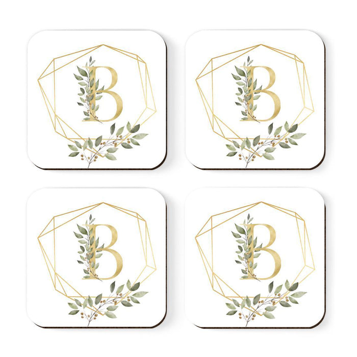 Square Coffee Drink Monogram Coasters Gift Set, Greenery Gold Geometric Frame-Set of 4-Andaz Press-A-