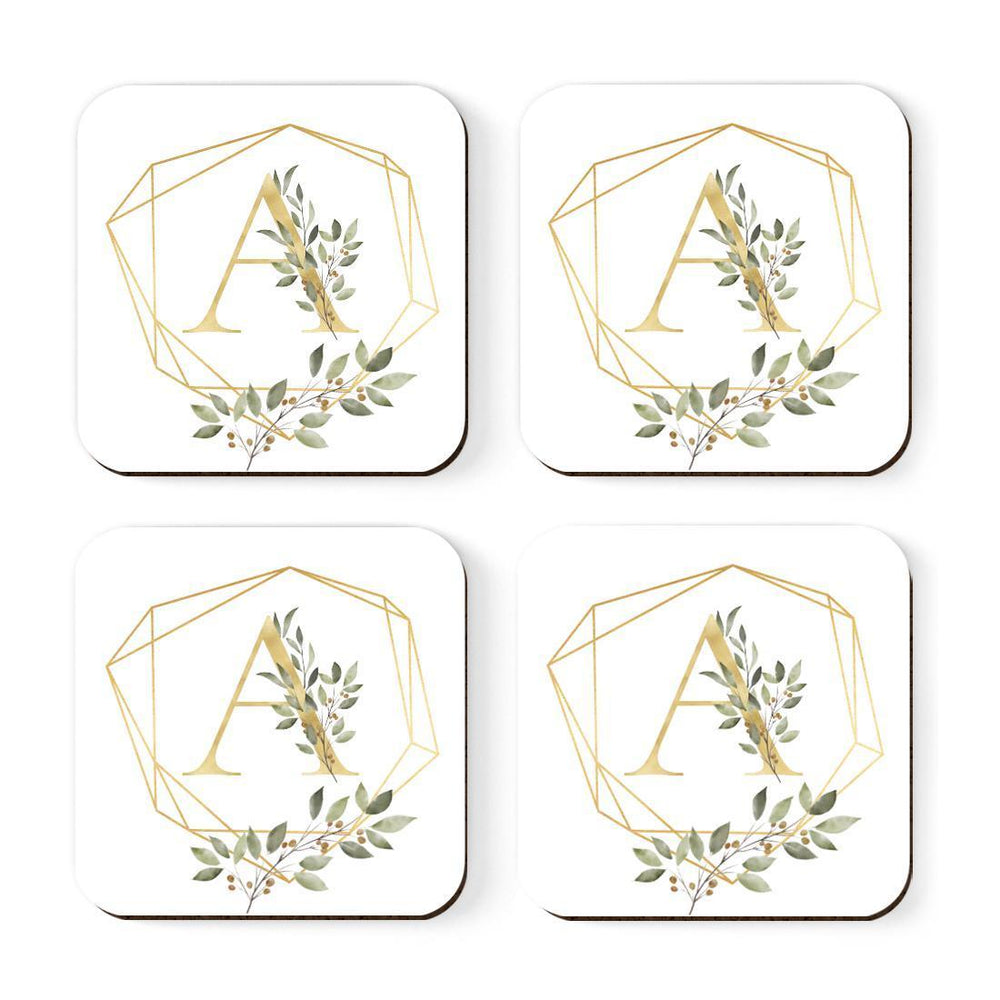 Square Coffee Drink Monogram Coasters Gift Set, Greenery Gold Geometric Frame-Set of 4-Andaz Press-A-