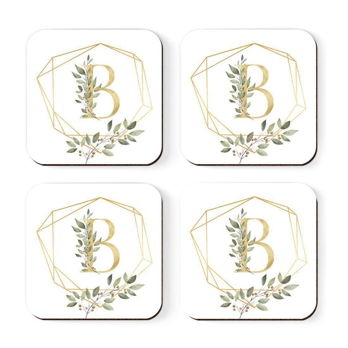 Square Coffee Drink Monogram Coasters Gift Set, Greenery Gold Geometric Frame-Set of 4-Andaz Press-B-
