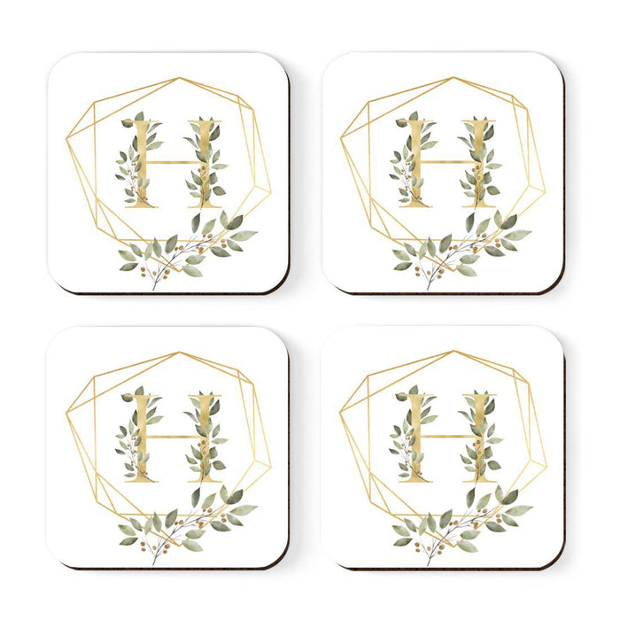 Square Coffee Drink Monogram Coasters Gift Set, Greenery Gold Geometric Frame-Set of 4-Andaz Press-H-