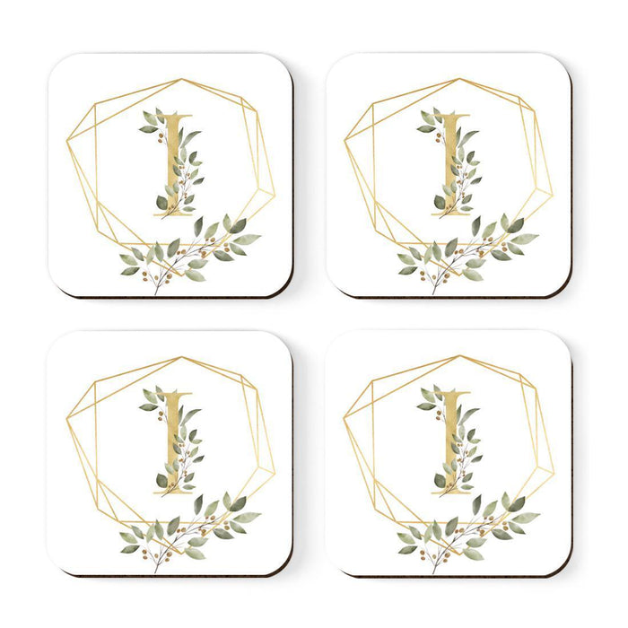 Square Coffee Drink Monogram Coasters Gift Set, Greenery Gold Geometric Frame-Set of 4-Andaz Press-I-