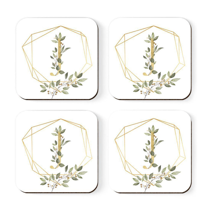 Square Coffee Drink Monogram Coasters Gift Set, Greenery Gold Geometric Frame-Set of 4-Andaz Press-J-