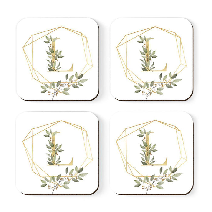 Square Coffee Drink Monogram Coasters Gift Set, Greenery Gold Geometric Frame-Set of 4-Andaz Press-L-