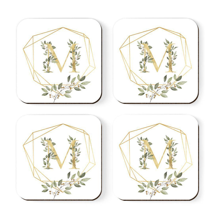 Square Coffee Drink Monogram Coasters Gift Set, Greenery Gold Geometric Frame-Set of 4-Andaz Press-M-