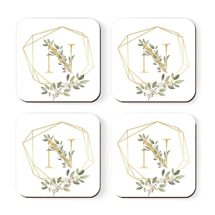 Square Coffee Drink Monogram Coasters Gift Set, Greenery Gold Geometric Frame-Set of 4-Andaz Press-N-