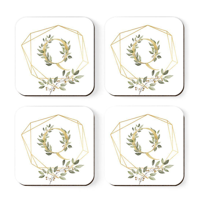 Square Coffee Drink Monogram Coasters Gift Set, Greenery Gold Geometric Frame-Set of 4-Andaz Press-Q-