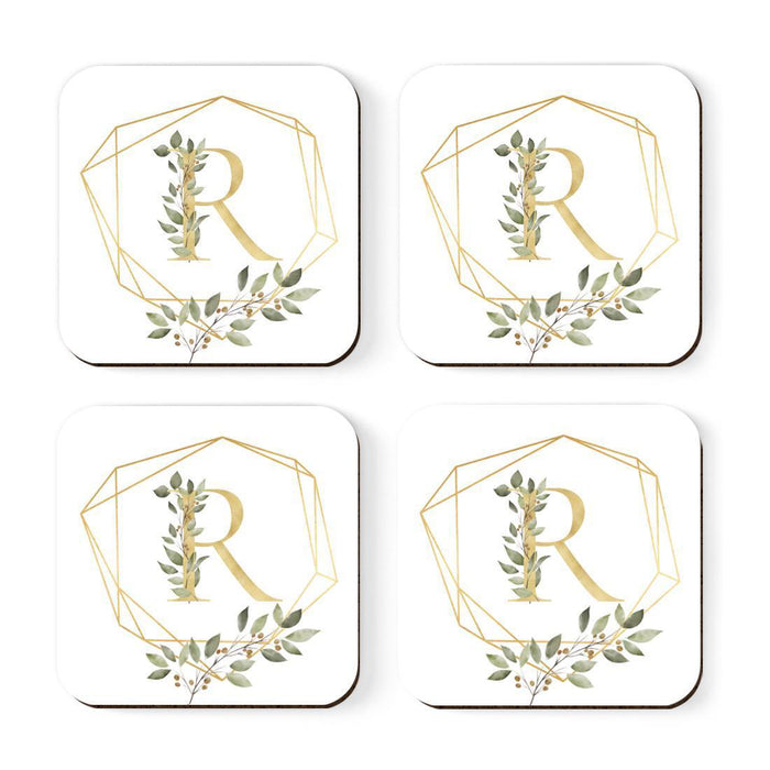 Square Coffee Drink Monogram Coasters Gift Set, Greenery Gold Geometric Frame-Set of 4-Andaz Press-R-