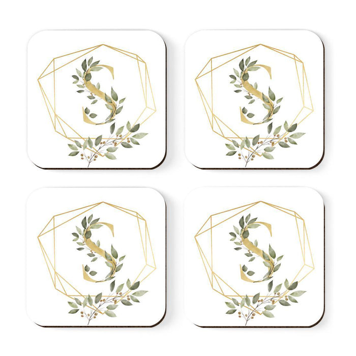 Square Coffee Drink Monogram Coasters Gift Set, Greenery Gold Geometric Frame-Set of 4-Andaz Press-S-