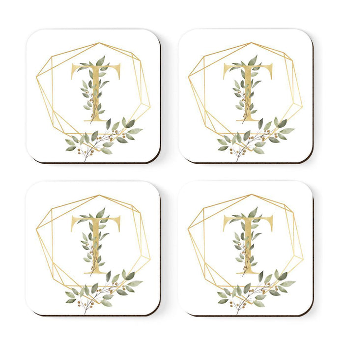 Square Coffee Drink Monogram Coasters Gift Set, Greenery Gold Geometric Frame-Set of 4-Andaz Press-T-
