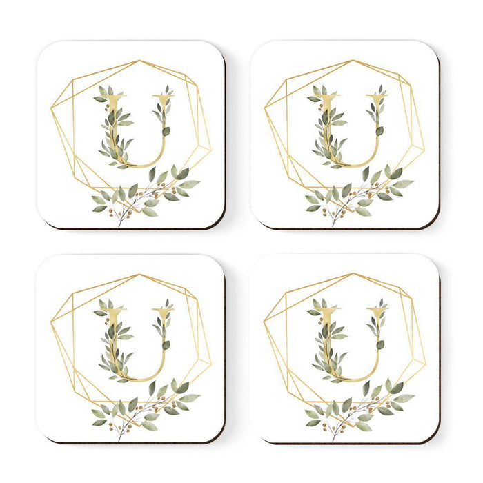 Square Coffee Drink Monogram Coasters Gift Set, Greenery Gold Geometric Frame-Set of 4-Andaz Press-U-