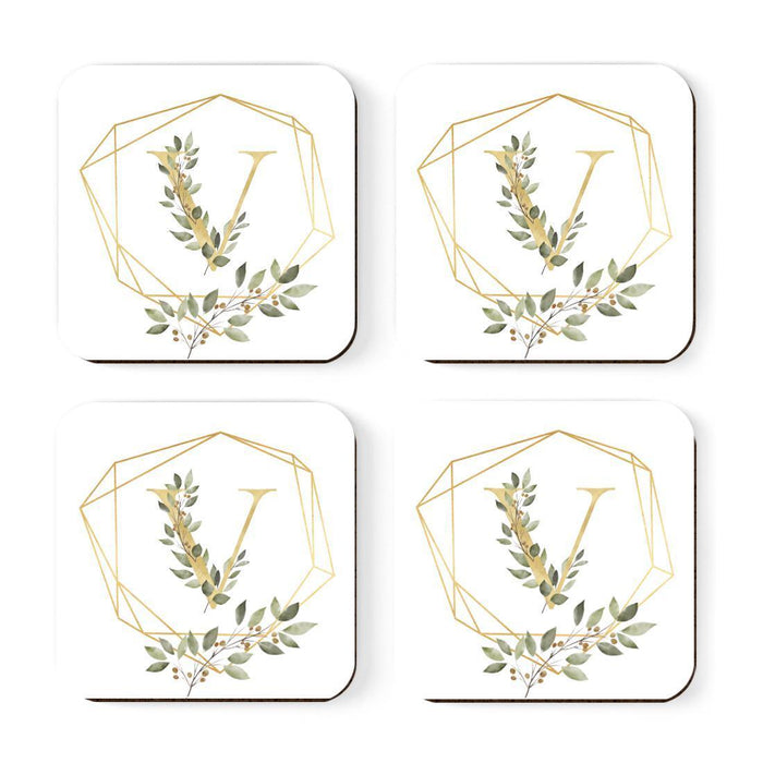 Square Coffee Drink Monogram Coasters Gift Set, Greenery Gold Geometric Frame-Set of 4-Andaz Press-V-