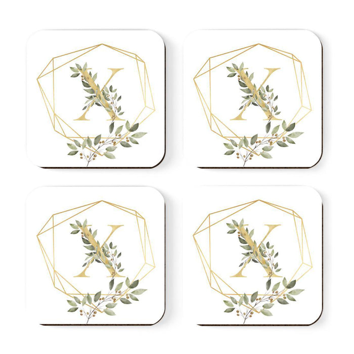 Square Coffee Drink Monogram Coasters Gift Set, Greenery Gold Geometric Frame-Set of 4-Andaz Press-X-