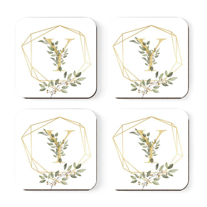 Square Coffee Drink Monogram Coasters Gift Set, Greenery Gold Geometric Frame-Set of 4-Andaz Press-Y-