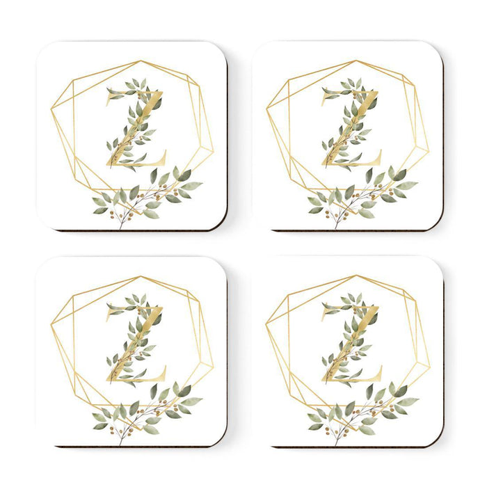 Square Coffee Drink Monogram Coasters Gift Set, Greenery Gold Geometric Frame-Set of 4-Andaz Press-Z-