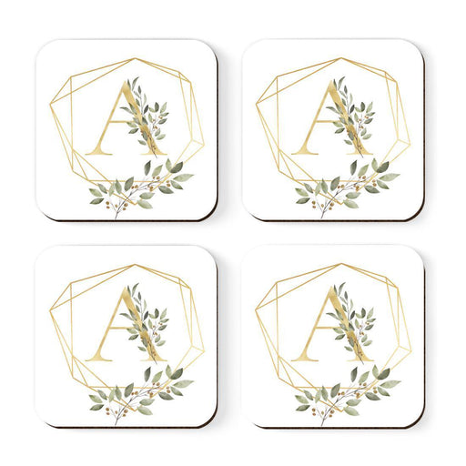 Square Coffee Drink Monogram Coasters Gift Set, Greenery Gold Geometric Frame-Set of 4-Andaz Press-A-