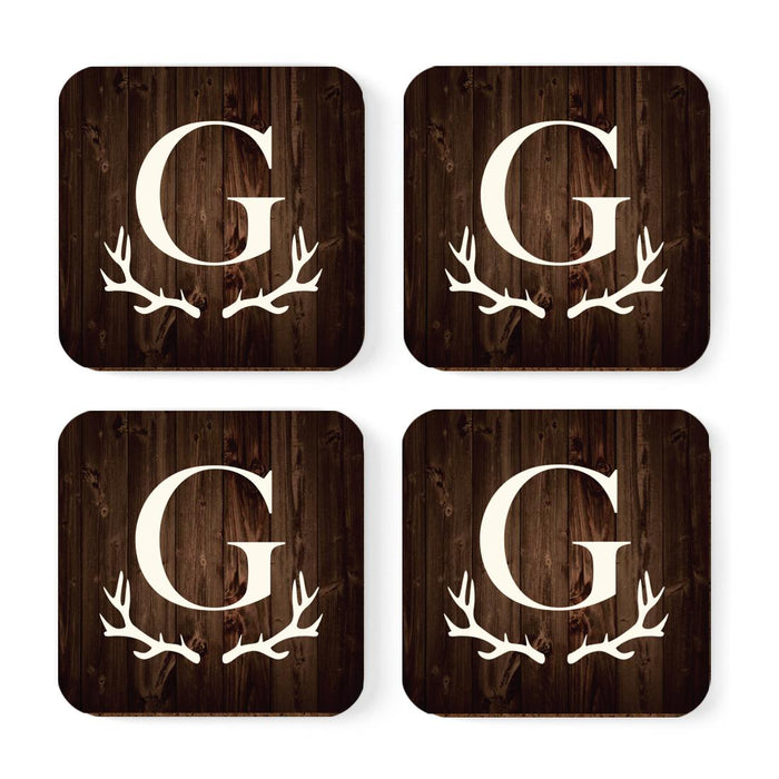 Square Coffee Drink Monogram Coasters Gift Set, Rustic Wood Deer Antler-Set of 4-Andaz Press-A-