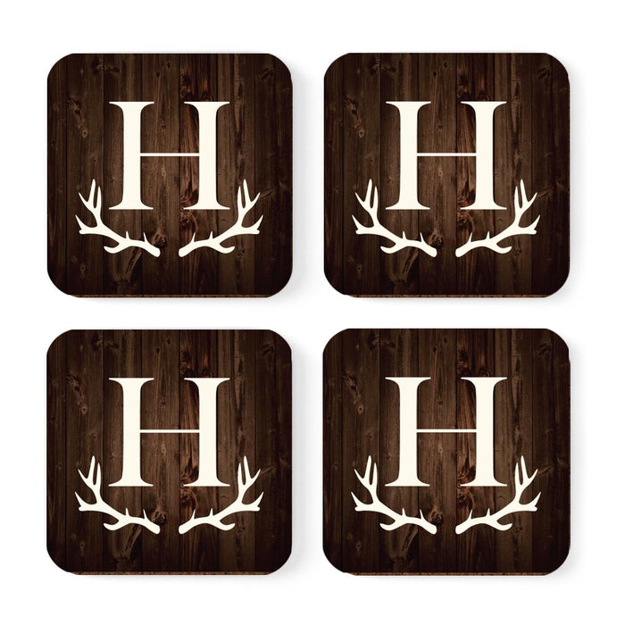 Square Coffee Drink Monogram Coasters Gift Set, Rustic Wood Deer Antler-Set of 4-Andaz Press-A-
