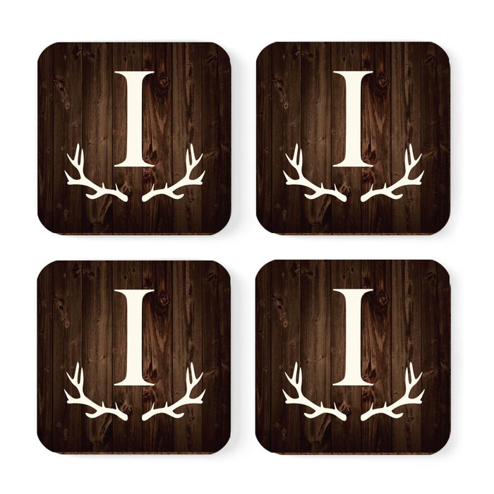 Square Coffee Drink Monogram Coasters Gift Set, Rustic Wood Deer Antler-Set of 4-Andaz Press-A-
