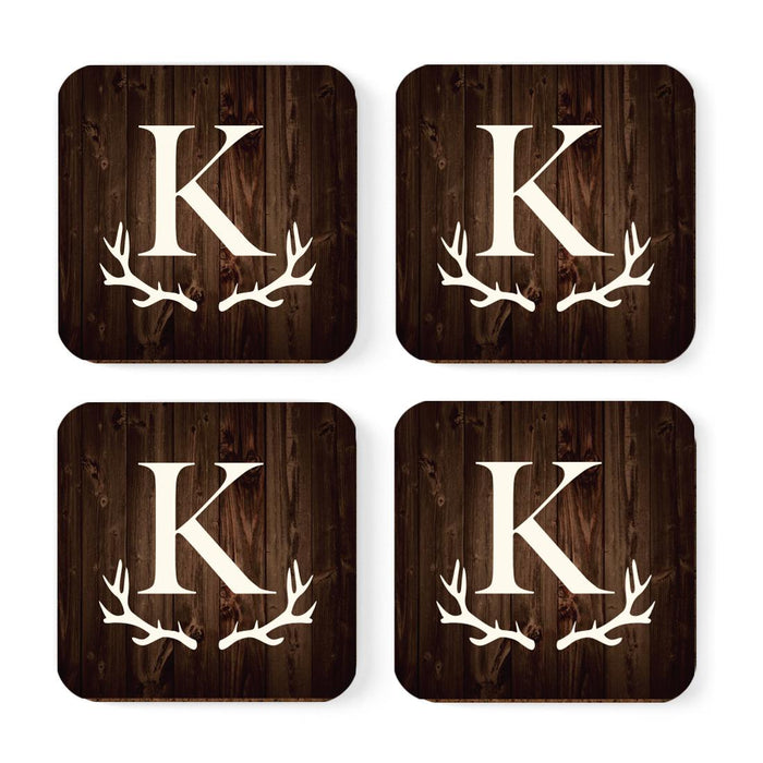 Square Coffee Drink Monogram Coasters Gift Set, Rustic Wood Deer Antler-Set of 4-Andaz Press-A-
