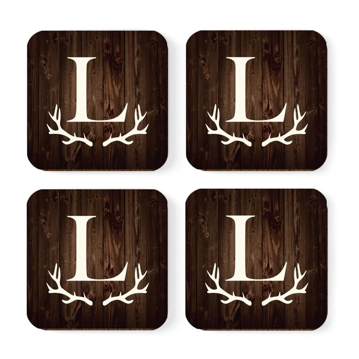 Square Coffee Drink Monogram Coasters Gift Set, Rustic Wood Deer Antler-Set of 4-Andaz Press-A-