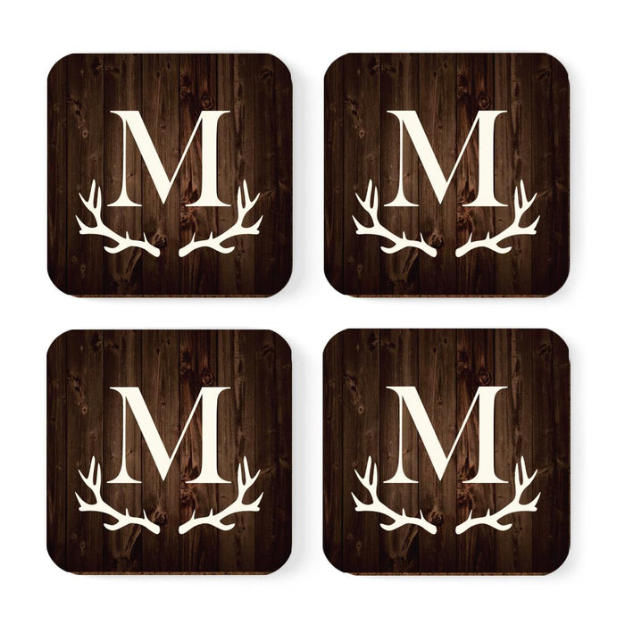 Square Coffee Drink Monogram Coasters Gift Set, Rustic Wood Deer Antler-Set of 4-Andaz Press-A-