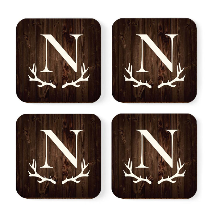 Square Coffee Drink Monogram Coasters Gift Set, Rustic Wood Deer Antler-Set of 4-Andaz Press-A-