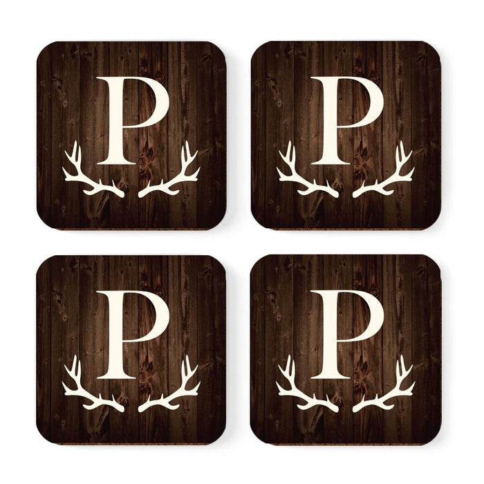 Square Coffee Drink Monogram Coasters Gift Set, Rustic Wood Deer Antler-Set of 4-Andaz Press-A-