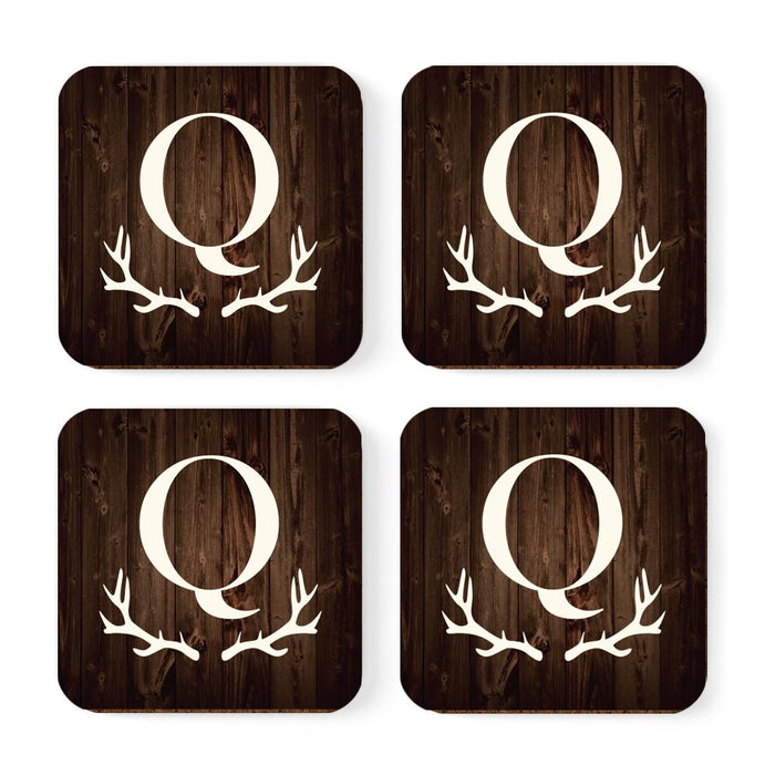 Square Coffee Drink Monogram Coasters Gift Set, Rustic Wood Deer Antler-Set of 4-Andaz Press-A-
