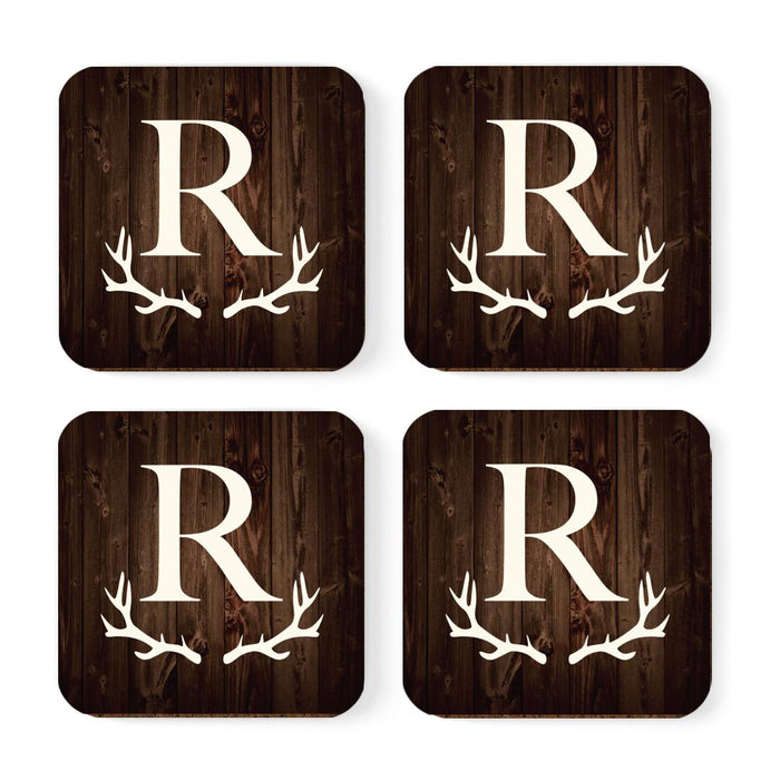 Square Coffee Drink Monogram Coasters Gift Set, Rustic Wood Deer Antler-Set of 4-Andaz Press-A-