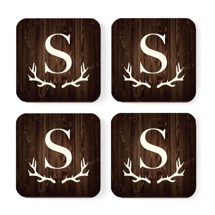 Square Coffee Drink Monogram Coasters Gift Set, Rustic Wood Deer Antler-Set of 4-Andaz Press-A-