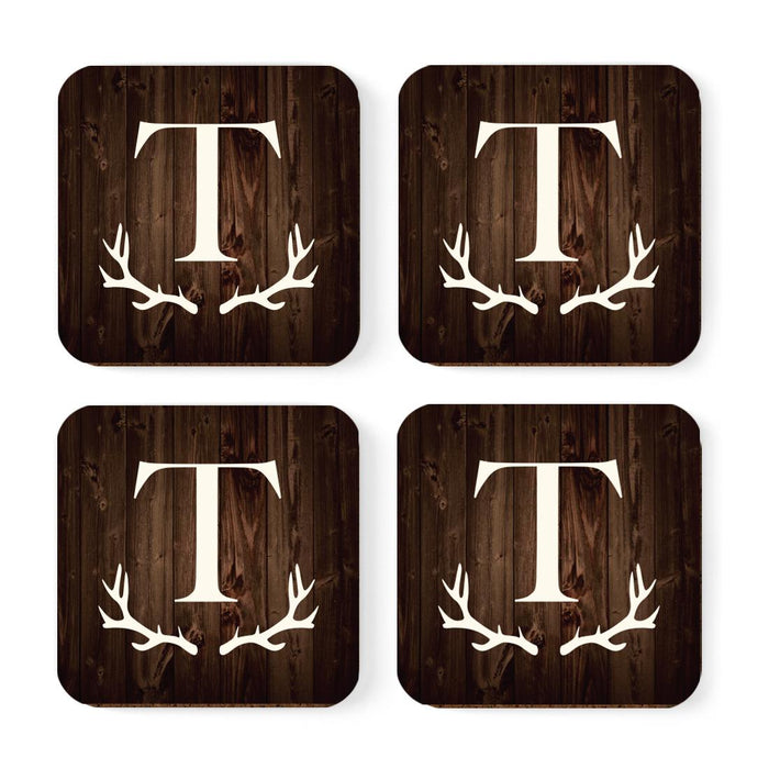 Square Coffee Drink Monogram Coasters Gift Set, Rustic Wood Deer Antler-Set of 4-Andaz Press-A-