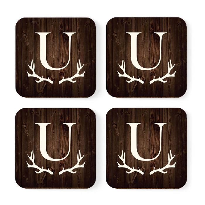 Square Coffee Drink Monogram Coasters Gift Set, Rustic Wood Deer Antler-Set of 4-Andaz Press-A-