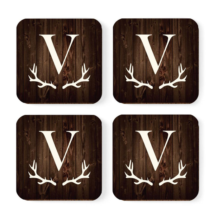Square Coffee Drink Monogram Coasters Gift Set, Rustic Wood Deer Antler-Set of 4-Andaz Press-A-
