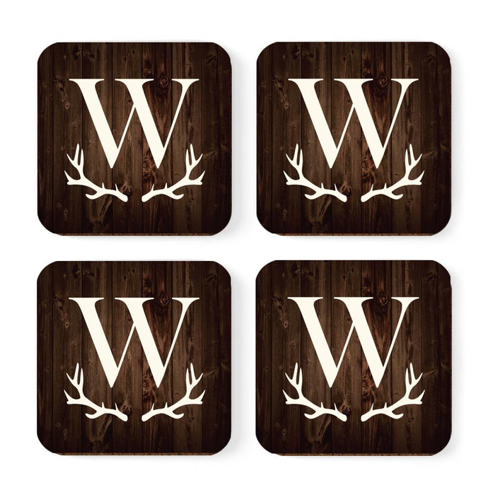 Square Coffee Drink Monogram Coasters Gift Set, Rustic Wood Deer Antler-Set of 4-Andaz Press-A-