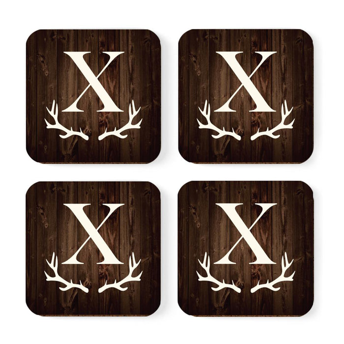 Square Coffee Drink Monogram Coasters Gift Set, Rustic Wood Deer Antler-Set of 4-Andaz Press-A-