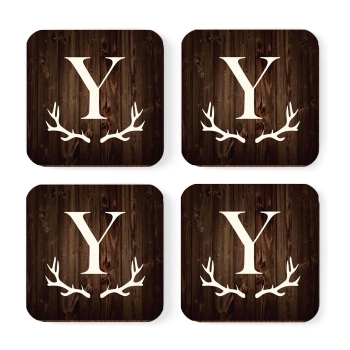 Square Coffee Drink Monogram Coasters Gift Set, Rustic Wood Deer Antler-Set of 4-Andaz Press-A-