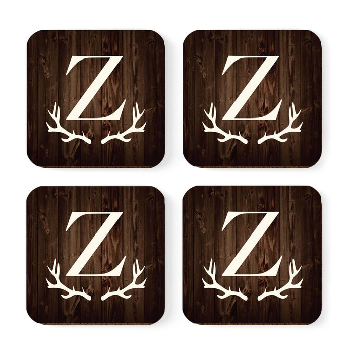 Square Coffee Drink Monogram Coasters Gift Set, Rustic Wood Deer Antler-Set of 4-Andaz Press-A-
