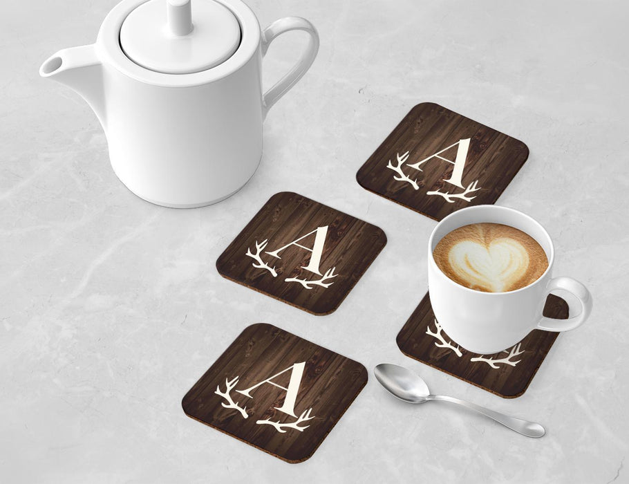 Square Coffee Drink Monogram Coasters Gift Set, Rustic Wood Deer Antler-Set of 4-Andaz Press-A-