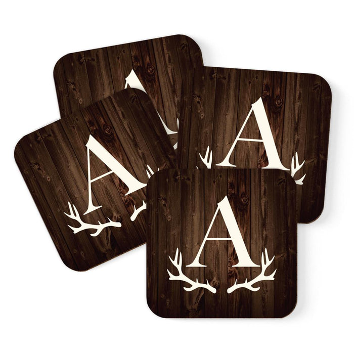 Square Coffee Drink Monogram Coasters Gift Set, Rustic Wood Deer Antler-Set of 4-Andaz Press-A-