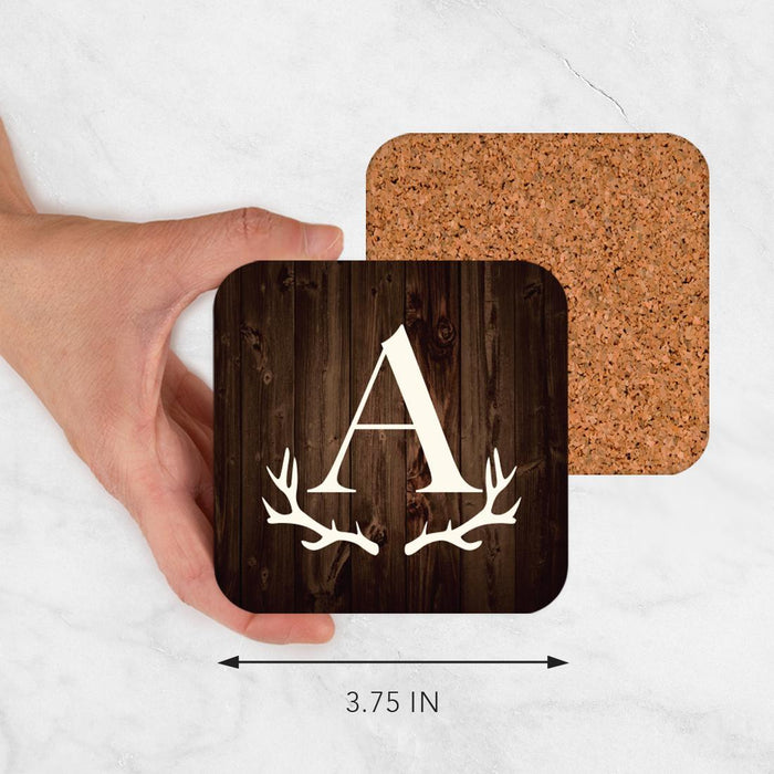Square Coffee Drink Monogram Coasters Gift Set, Rustic Wood Deer Antler-Set of 4-Andaz Press-A-