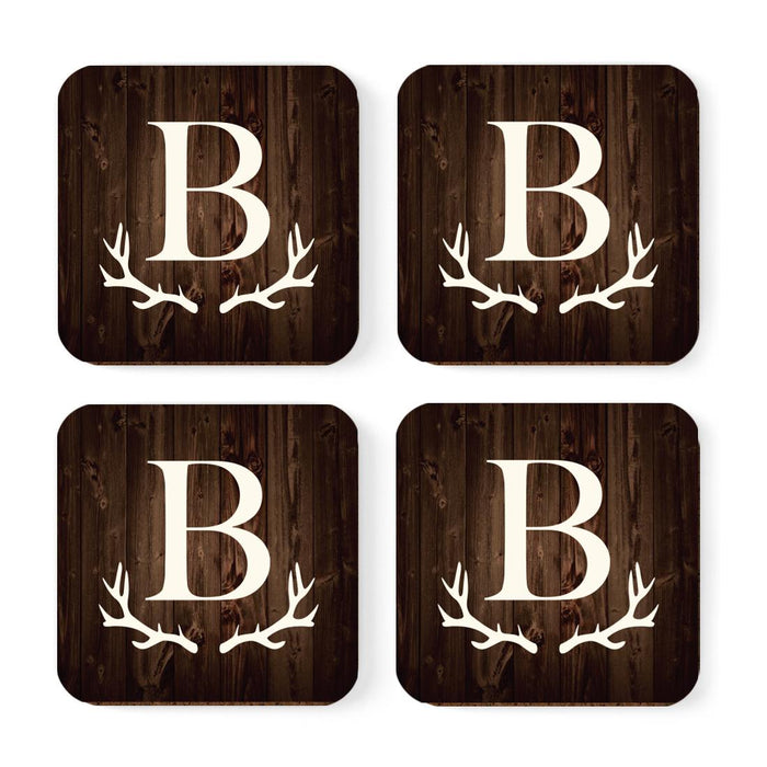 Square Coffee Drink Monogram Coasters Gift Set, Rustic Wood Deer Antler-Set of 4-Andaz Press-A-